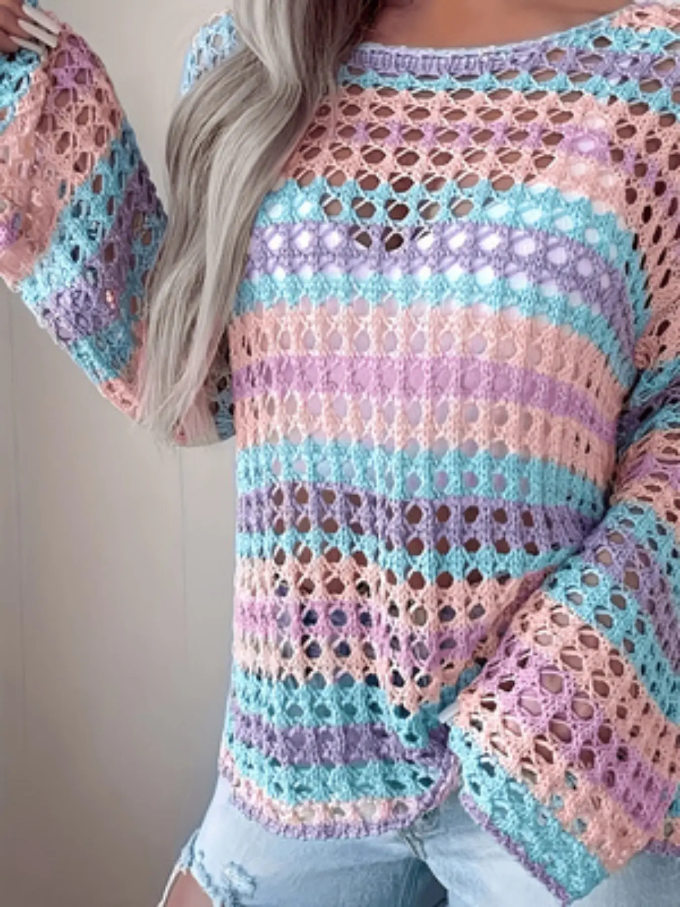 2026 Vacation Style Aesthetic Rainbow Color Cutout Knitwear Sweater, Loose Bell Long Sleeve Knit Sun Protection Top, Sweet Girl Fashion Pullover