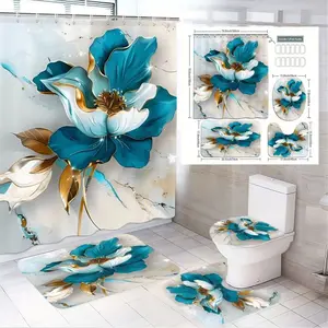 1/4pcsEaster Teal White Floral Bathroom Set, Bathroom Decoration Accessories, Golden Accents Shower Curtain Toilet Lid Cover Bath Mat, Marble Background Teal Petal Golden Center Decor, Spring Home Bathroom Décor, Shower Curtain Sets