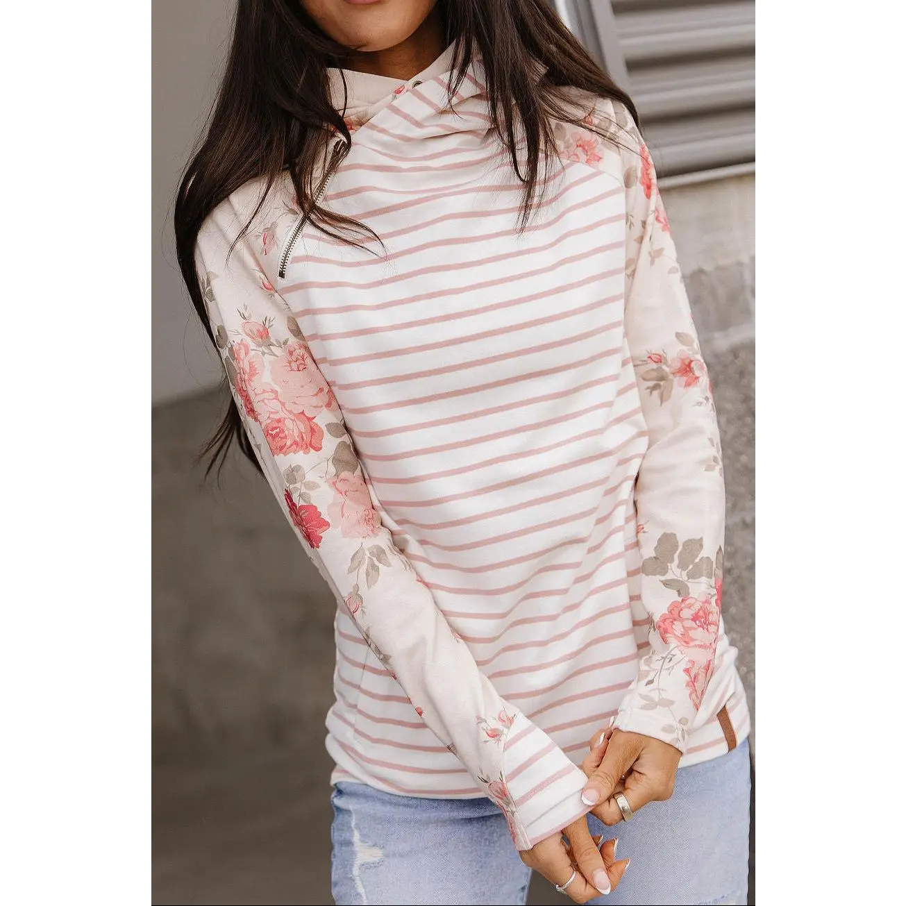 Women's DoubleHood™ Hoodie - Blossom Breeze Style, Zipper Closure, Spandex Fabric Sweatshirt