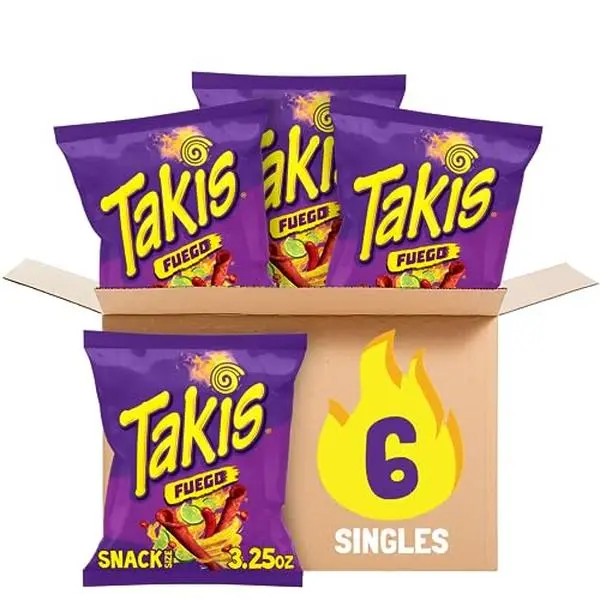 Takis Fuego 6 pc / 3.25 oz Snack Size Case, Hot Chili Pepper & Lime Flavored Extreme Spicy Rolled Tortilla Chips