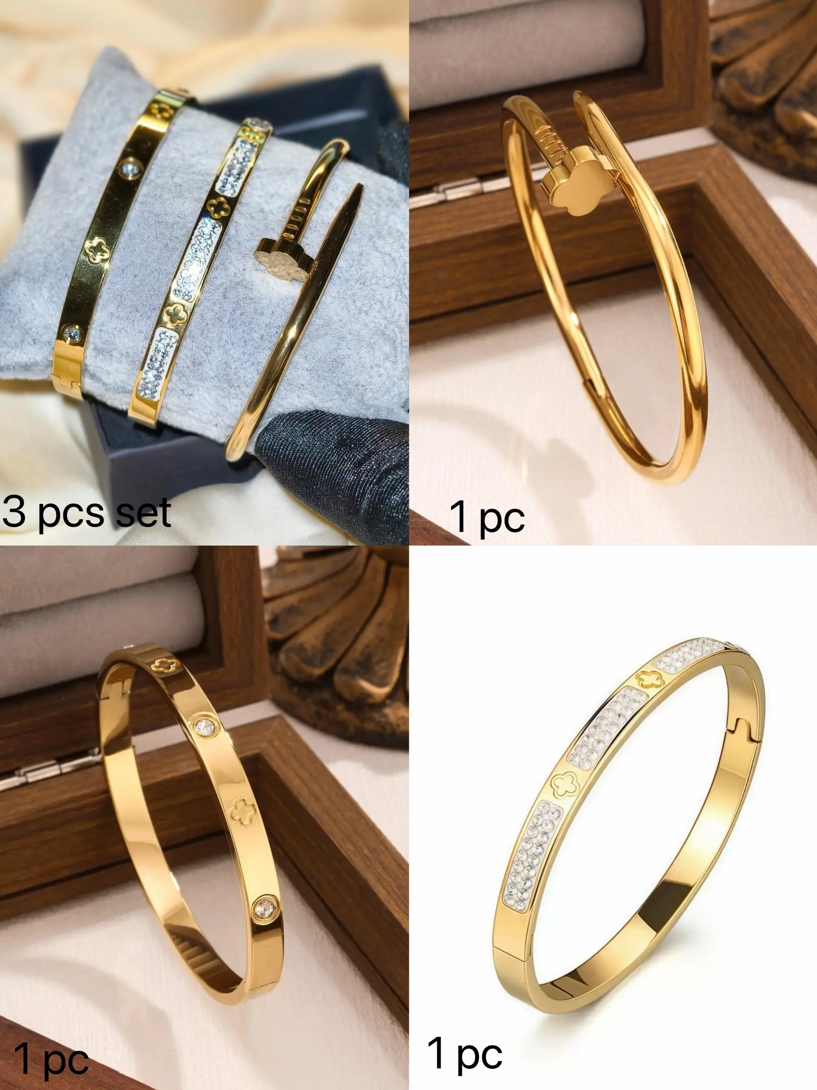 1/3pcs Luxury Stainless Steel Rhinestone Clover & Star Bangle Bracelet Set, Vintage Elegant Jewelry Suit For Women, Suitable For Daily Wear, Gift, Party, Fashionable Christmas Present, Stackable Bracelets, Stackable Cuff Bracelet, Rhinestone Decor Bangles