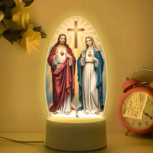 LED Acrylic Night Light with Sacred Heart and Immaculate Mary Cross, USB Powered Bedside Lamp, Nightlight For Bedroom, Indoor Decorative Light, Home Decor Lighting, Home Prayer Room Gift