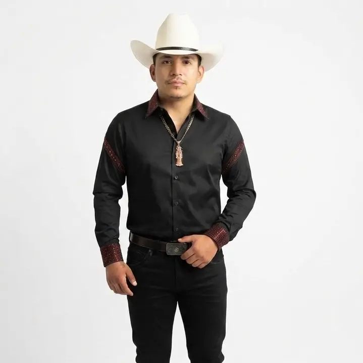Men's Traditional Western Long-Sleeve Shirt - Menswear Tops with Pearl Snaps, Embroidered Color-Block Design for Cowboy Aesthetic, Fabric, Classic, Urban Cowboy