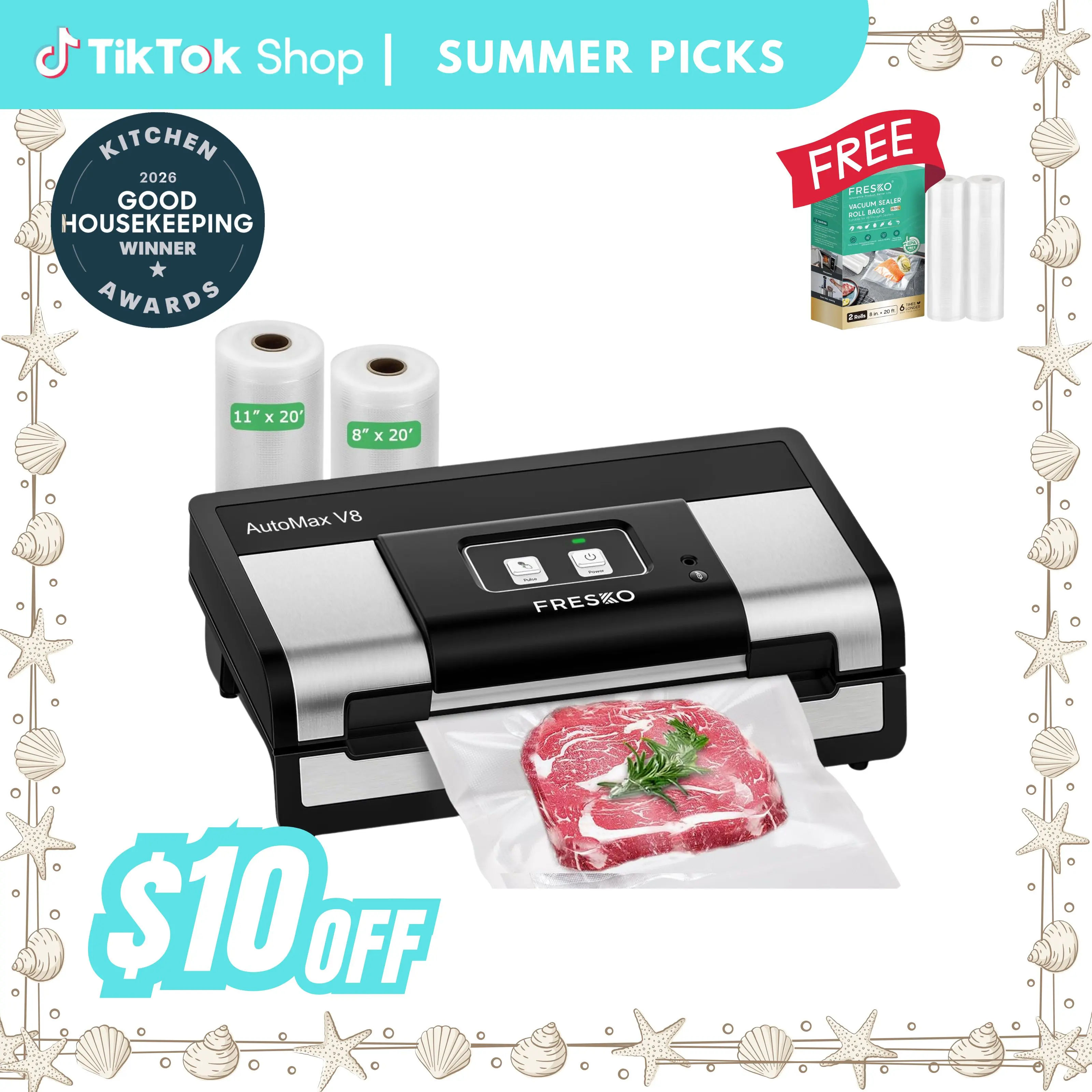 FRESKO AutoMax V8 Heavy-Duty Kitchen Vacuum Sealer Machine with Automatic Sealing System, 120V~140W, Dry & Moist Modes, Built-In Cutter, Bag Storage, Food-Grade Materials, Long-Lasting Seal, Included Vacuum Sealed Packs & Rolls,home essentials