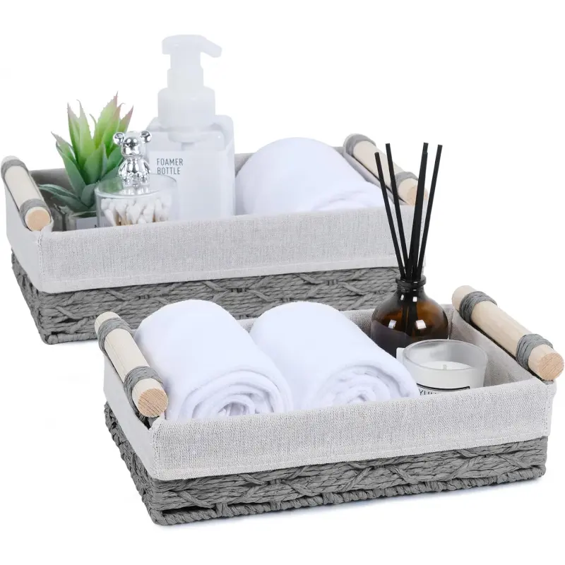 Wicker Storage Basket with Wooden Handle – Paper Rope Decorative Toilet Paper Baskets & Bathroom Organizer for Toilet Tank Top, Shelves, Bedroom, Countertop,Home,Office Storage Bins, 2 Pack,Grey