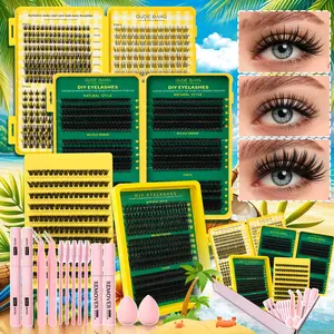 Clustered eyelash extension set, single long and short artificial eyelashes, homemade eyelash extension products with accessories, natural appearance eyelash extension products with accessories, self-planted curled eyelashes suitable for women
