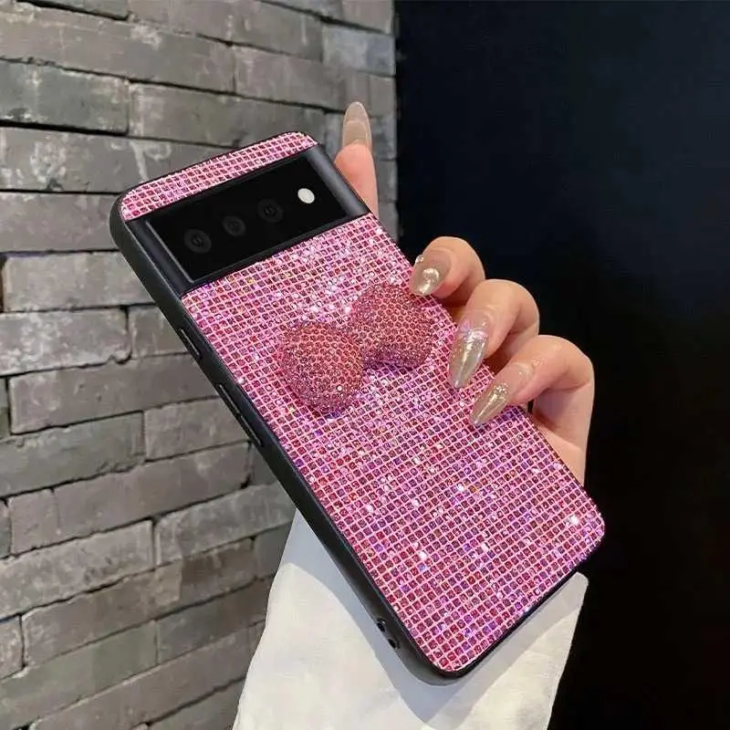 Bow For Google Pixel 7/10 Pro XL Phone Case 3D Pink Sparkling Rhinestone Trendy Checkered HNA38