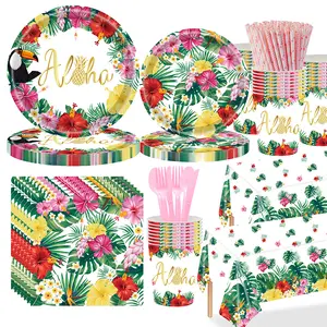 133 Pcs Tropical Hawaiian Party Supplies Set, Disposable Aloha Floral Tableware with Plates, Cups, Napkins, Cutlery, Straws & Tablecloth, Luau Themed Decor for Summer BBQ, Pool, Beach Birthday