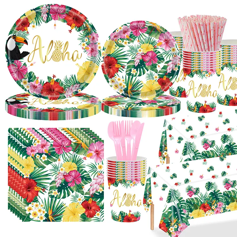 133-Pcs Sturdy Tropical Hawaiian Disposable Tableware Set - Palm Aloha Floral Plates, Plastic Cups, Napkins, Cutlery, Straws, Tablecloth for Birthday, Friends and Family Outdoor Events, Tropical Birds Themed Gatherings