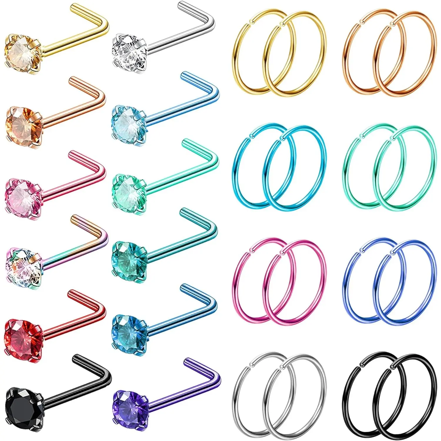 Milacolato 28PCS Unisex Hypoallergenic Nose Piercing Kit - 316L Stainless Steel 18G/20G/22G Nose Rings, Hoops, L-Shaped CZ Studs - Geometric Star Nostril Jewelry for Casual, Daily Wear (Silver, Rose Gold, Black, Rainbow), Hoop Piercing Jewelry, Hooped