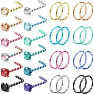 MILACOLATO 28PCS Hypoallergenic Nose Rings Hoops Studs - 316L Stainless Steel Nose Ring for Women Men - L Shaped CZ Nose Stud Hoop Nostril Piercings Jewelry Set 18G 20G 22G Silver Rose Gold Black Rainbow