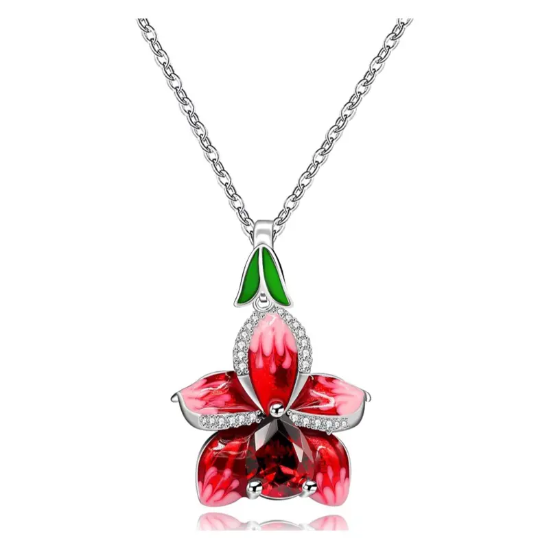Women's Tropical Pink and Red Christmas Hibiscus Flower Necklace with CZ Bling, Charm Necklaces, Accessorizing, Floral, Hibiscus Flower Design, Tropical Pink And Red Hibiscus Flower
