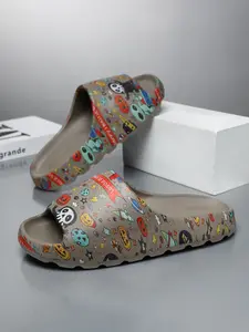 Cartoon Space Halloween Theme Eva Thick Sole Open Toe Sandals, Unisex Alien Rocket Pumpkin Graffiti Print Non-Slip Slippers