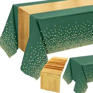 Green Gold Tablecloth and Sequin Runner Set 54x108 Inch Polka Dot Glitter Cover for Birthday Wedding Party
