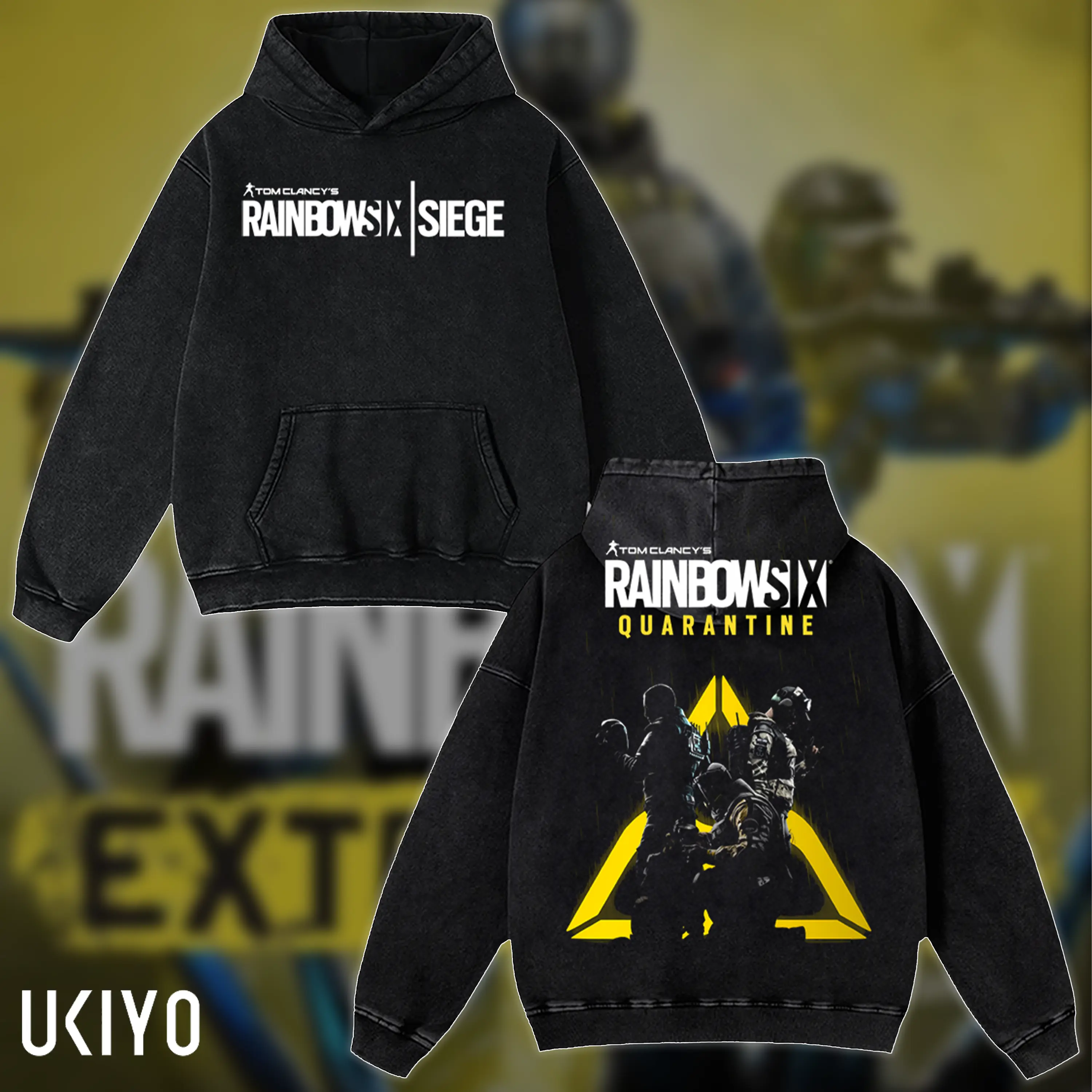 Rainbow Six Quarantine Hoodie & T-Shirt Tactical Squad Graphic, Vintage Acid Wash Apparel, Tom Clancy FPS Merch, Yellow Hazard Logo Pullover, Unisex Cotton Top Casual Classic