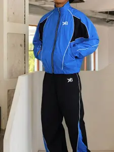 Vibrant Blue Colorblock Sportswear Set, Tracksuit Outfit, Zipper Jacket & Contrast Patchwork Joggers, Lightweight Windproof Fabric, Retro Style
