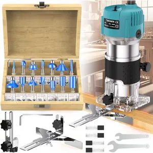 [Father's Day Gift]Router Tool, 110V 800W Compact Wood Router Tool for Woodworking, Electric Hand Trimmer 1/4" Collets Palm Wood Router Tools Laminate Trimmer + Tungsten Carbide Router Bits 15-Piece Set