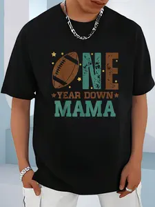 100% Cotton Unisex Mama of the 1 Year old Football 1st Year Down Birthday Party T-Shirt, Men's Women's Shirt Top, Short Sleeve Tops Crewneck T-shirt