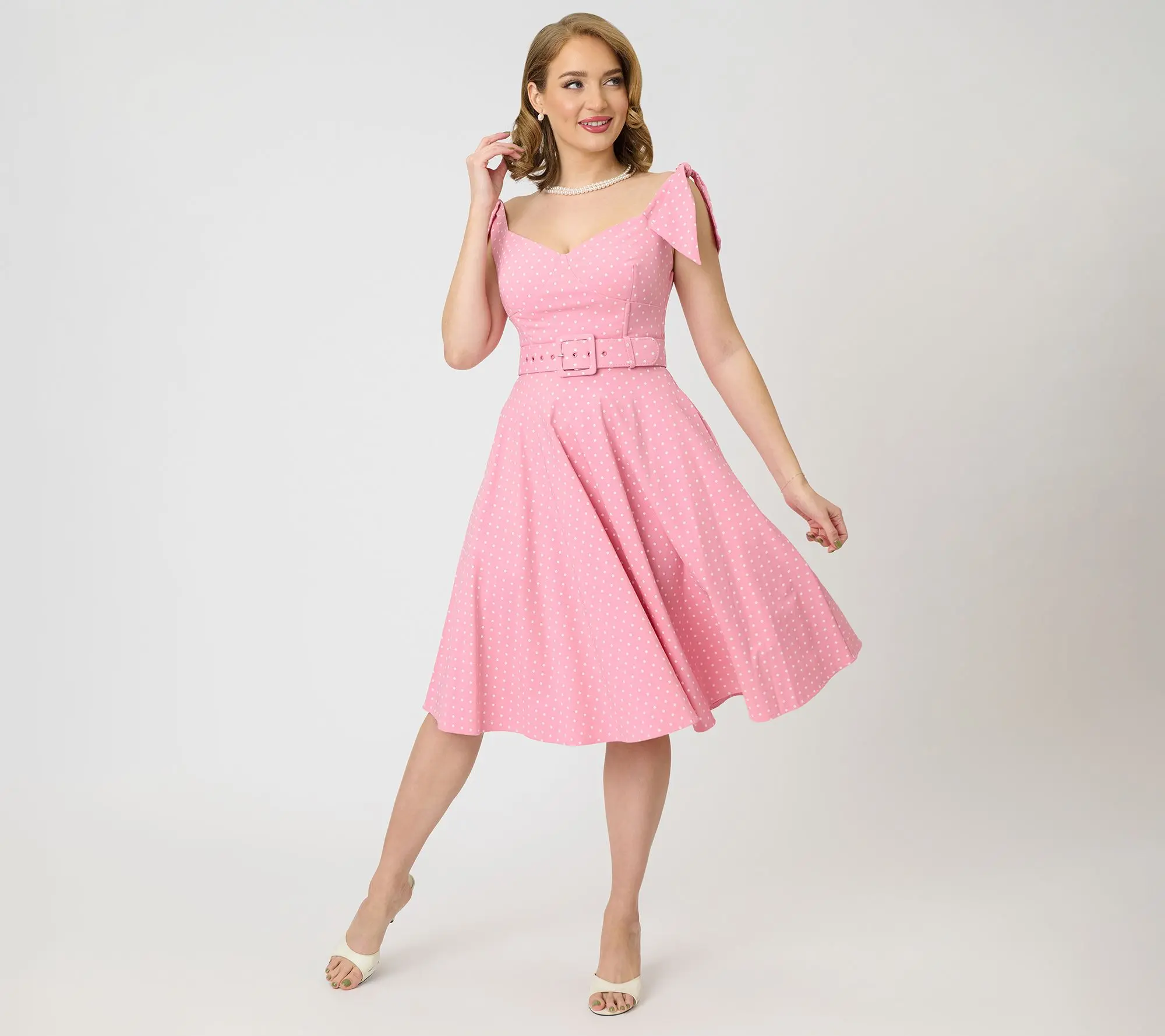 Unique Vintage Pink Pin Dot Off The Shoulder Swing Dress
