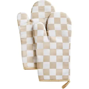 Checkered Oven Mitts Heat Resistant Vintage Retro Checkerboard Cute Non-Slip Silicone Kitchen Gloves 7x13 Beige Bakeware Set of 2 Gloves