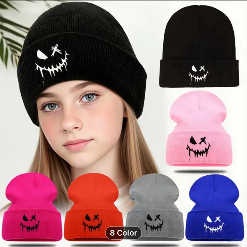 Funny Smile Face Embroidery Beanie with Cuffed Design Unisex Skull Cap for Women Men Funky Style Acrylic Material Perfect for Casual Wear Playful Design Stretchy Headgear 6 Color Options