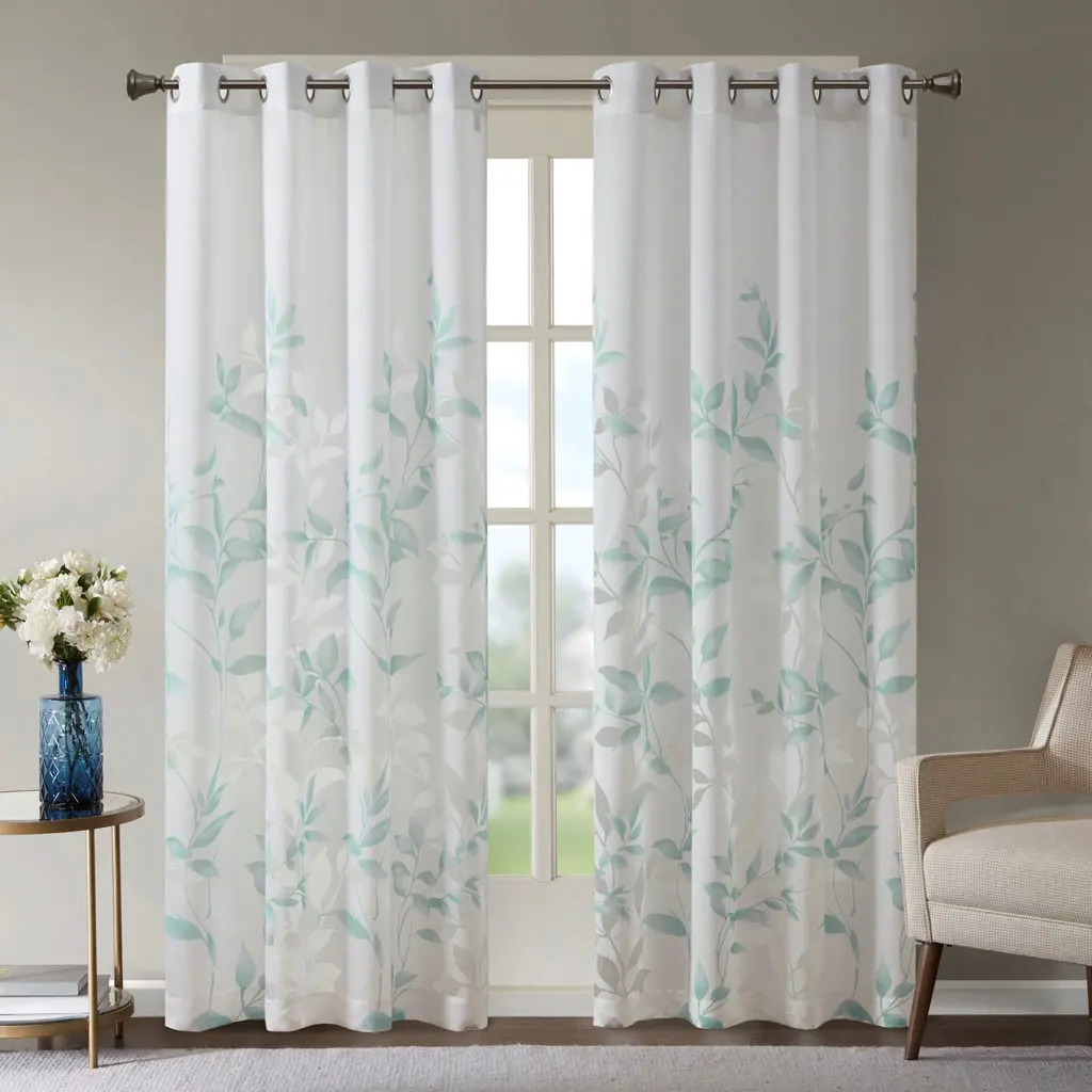 Burnout Printed Curtain Panel, Sheer Semi-Transparent Rod Pocket Window Drape, Light Filtering Privacy for Living Room, Bedroom, Bathroom, 1 Piece, White+Blue