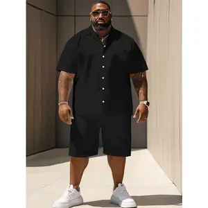 Plus Size Men's Casual Solid Color Short Sleeve Shirt Shorts Set, 100% Polyester Woven Fabric, Non-Stretch Lapel Neck, Adult And Teen Plus Size Fit, Summer Weekend Casual Top Shorts Set, PLUS SIZE(Sheet)