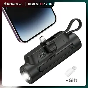 Mini Capsule Power Bank 5000mAh – USB-C Portable Charger with Built-in Cable, Kickstand & Flashlight, Compact Pocket Battery Pack for iPhone 17/16, Samsung S26/S25, Pixel 10