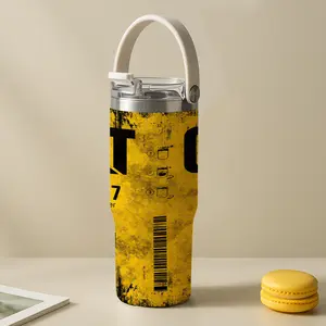 1 Pc 30oz insulated mug, double wall stainless steel vacuum cup, skinny leak-proof thermal mug, keeps hot 12 h/cold 24 h, creative industrial yellow label design, stylish durable tumbler for coffee tea juice, insulated travel drinkware, holiday gift