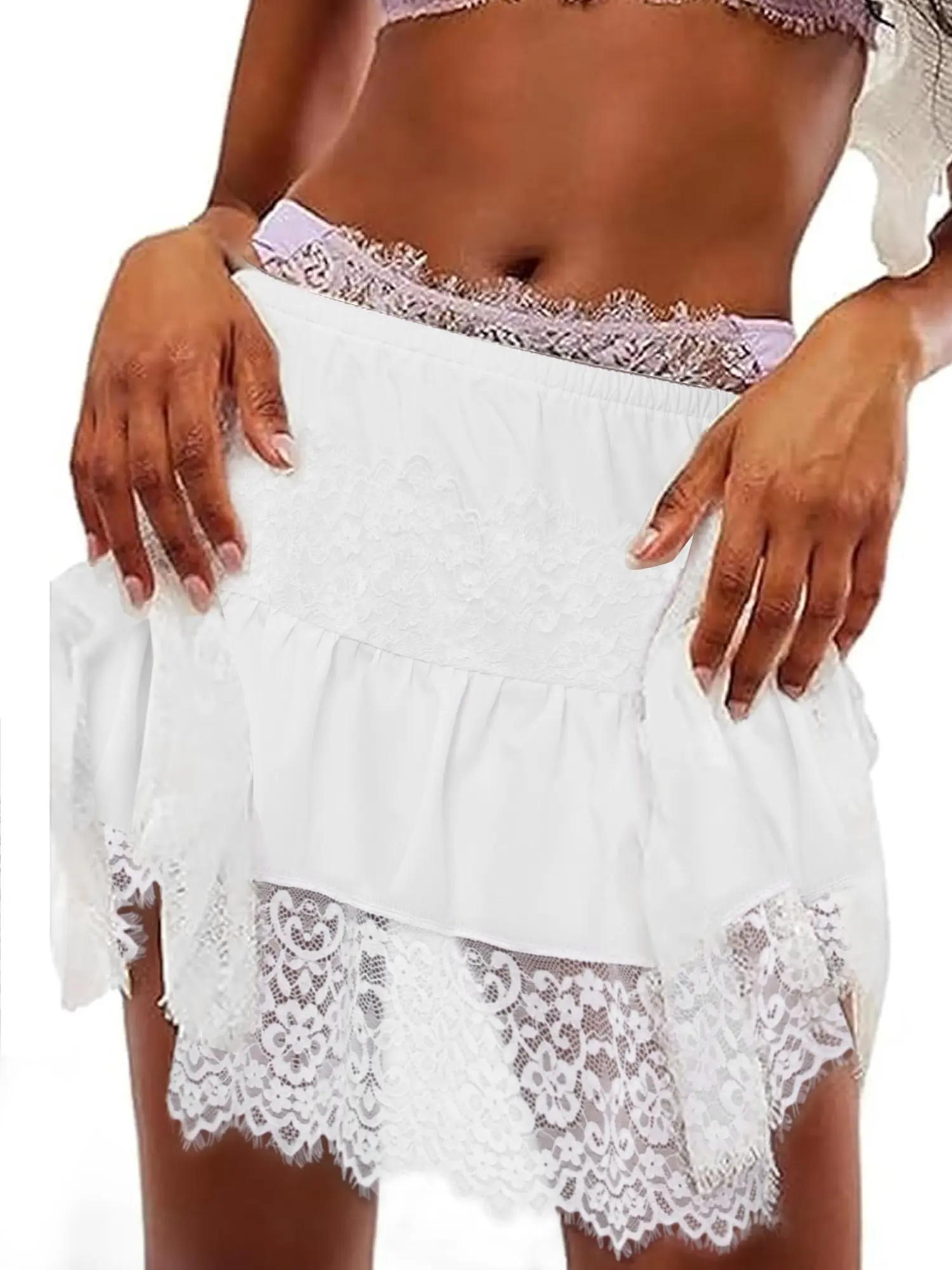 INSPIRE CHIC Women's Lace Skirt Y2K Vintage Pleated Ruffle Floral Lace Slip Skirts Tiered Mini Underskirt White