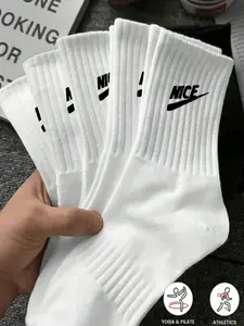 5 Pairs Letter Pattern Unisex Mid-Calf Casual Sports Socks, Sporty Fitted Running Track Socks All Seasons, Athletic Socks