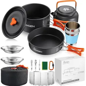 HOMGEN 14-Piece Camping Cooking Set with Stove Windshield & 2 Plates - Lightweight Aluminum Nesting Pot/Frying Pan Teapot - Complete Camping Mess Kit for Backpacking Picnics Outdoor Cooking Camping