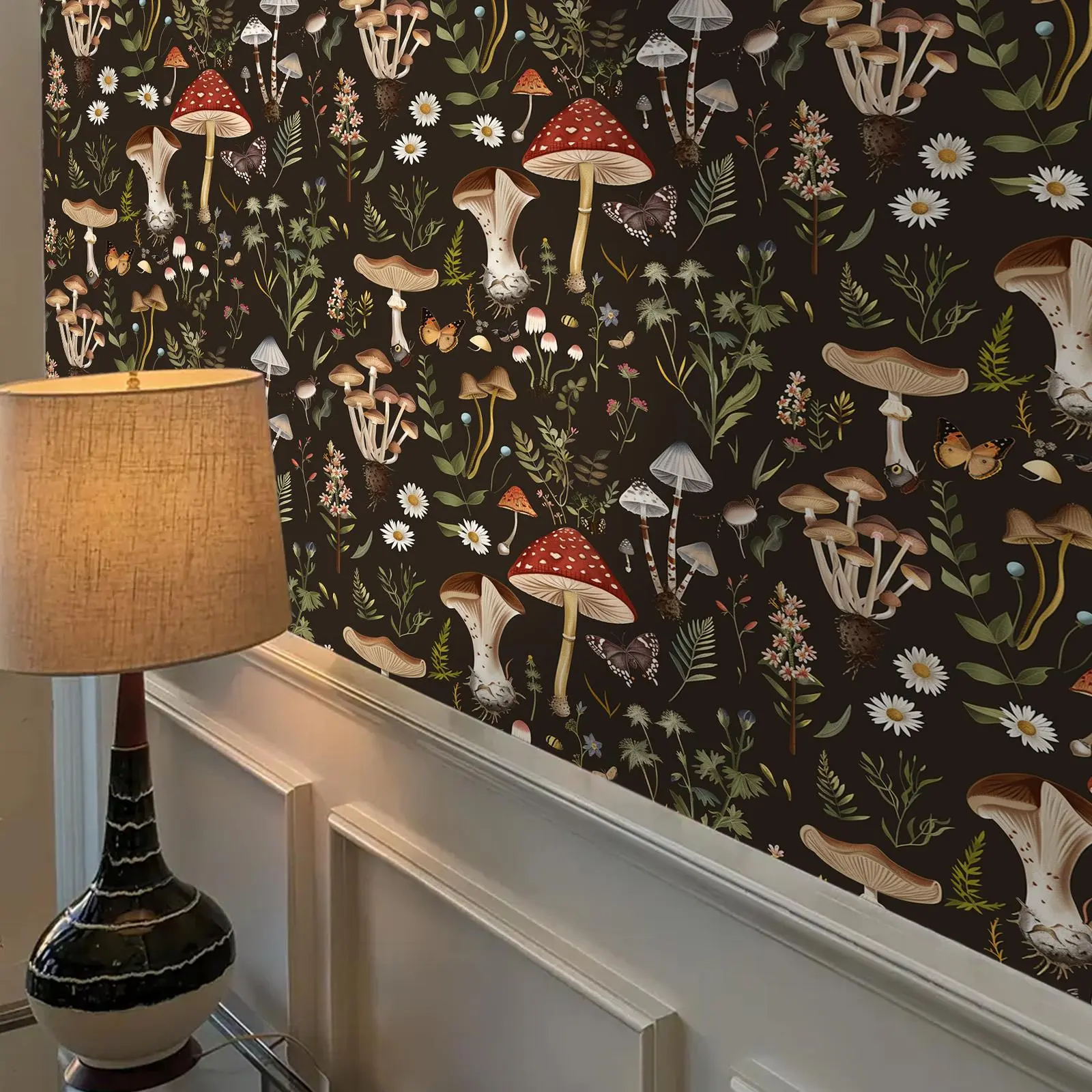 Boho Style Self-Adhesive Peel And Stick Decorative Wallpaper, Plant Mushroom Pattern, Waterproof, Removable, Moisture-Resistant, for Kitchen, Living Room, Bedroom, Desk Decor