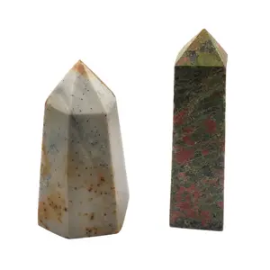 Dendritic Jasper Heavy Crystal Tower + Tall Large Unakite Crystal Tower, Stunning Colorations in Both Towers