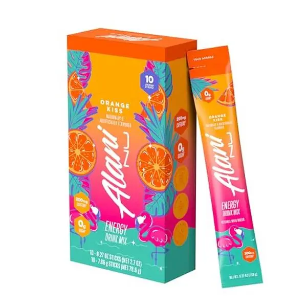 Alani Nu ORANGE KISS Energy Sticks, Energy Drink Powder, 200mg Caffeine, Pre Workout Performance with Antioxidants, On-The-Go Drink Mix, Biotin, B Vitamins, Zero Sugar, 5-10 Calories, 10 Pack