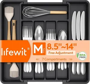 Silverware Drawer Organizer, Expandable Utensil Tray for Kitchen, BPA Free Flatware and Cutlery Holder, Adjustable Plastic Storage for Spoons Forks Knives, 8.5-14 x 12", Black