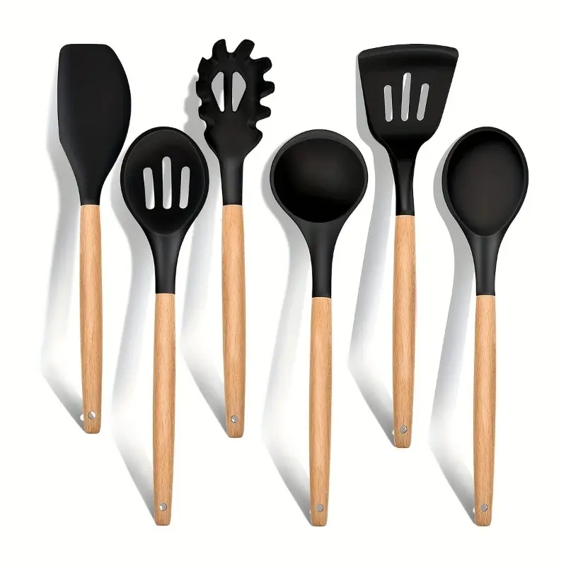 Wooden handle silicone kitchenware utensils 6-piece set, suitable for non-stick cooking spatula, spoon, Nonstick cooking spoon, soft, durable, resistant to high temperatures and easy to clean, kitchenware set for families