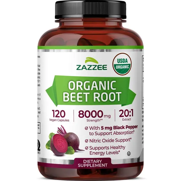 USDA Organic Beet Root Dietary Supplement, 8000 mg Strength 20:1 Extract, 120 Vegan Capsules, Kosher Nutritional Supplement