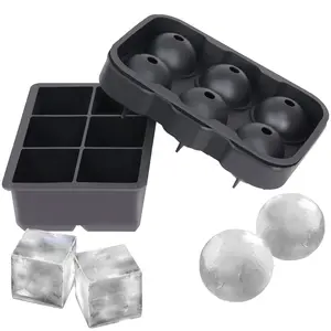 Ice Cube Trays Set of 2 with Silicone Sphere Whiskey Ice Ball Maker, Lids & Large Square Ice Cube Molds for Cocktails & Bourbon Home Bar Accessories Drink