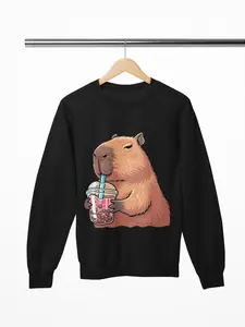 Women's Capybara Animal Drinking Bubble Tea Knit Hoodie Sweatshirt - Cute Boba Lover Gift, Cozy Unisex Aesthetic Fit, Soft Cotton-Polyester-Spandex Fabric Longsleeves Round Neck Casual Wear Top