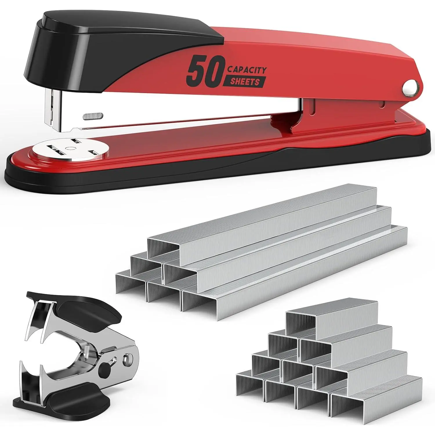Metal Stapler Heavy Duty 50 Sheet Capacity with 1750 Staples and Staple Remover, Full Strip Staplers for Desk, No Jam, Non-Slip for Office & Classroom, Red