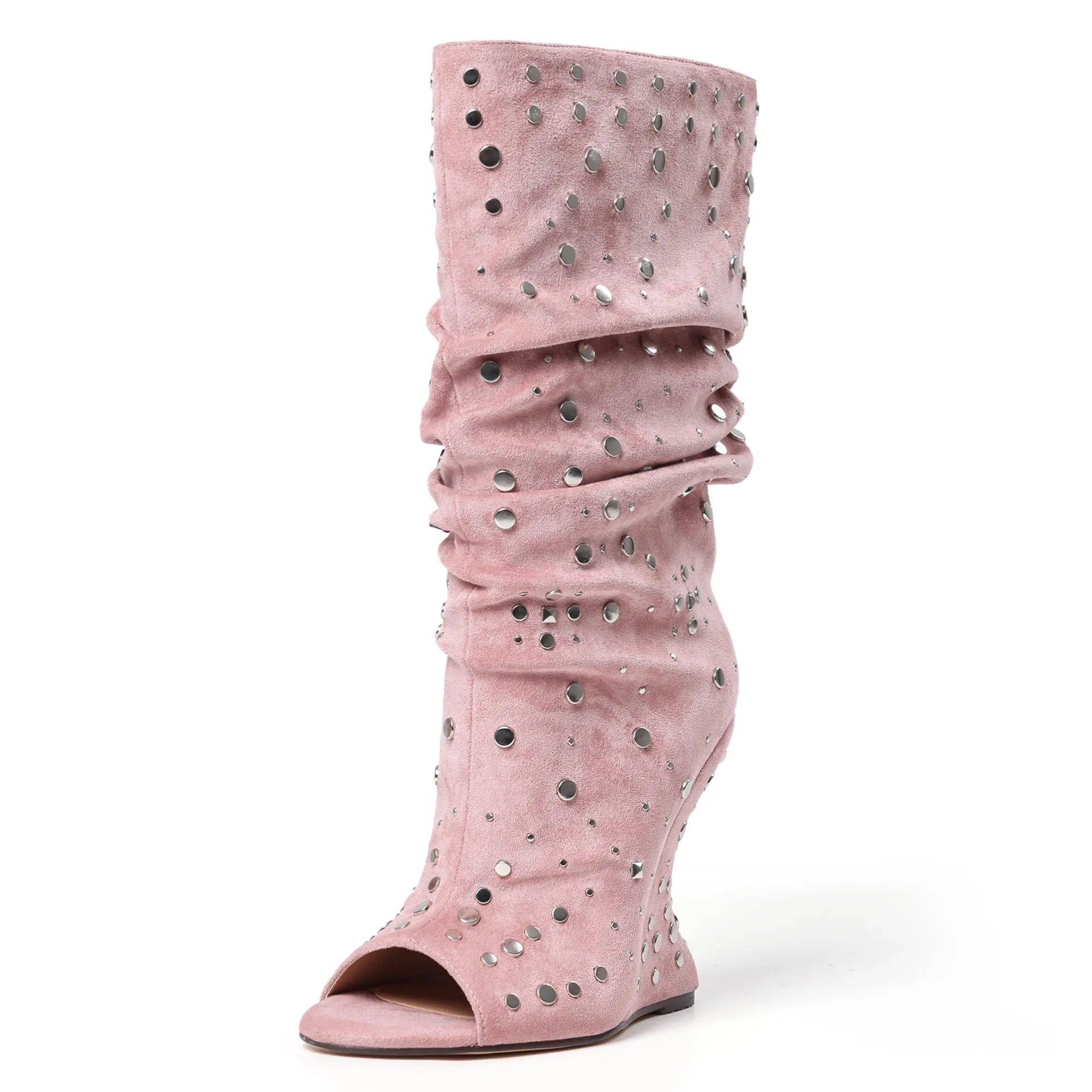Women's Custom Made Matte Pink Ruched Mid-Calf Open-Toe Boots - Silver Rivets, Sculpted Wedge Heels, Punk Slim Lightweight Shoe - Ideal for Club Nights, Music Festivals, Chic, Shoes For Women, Footwear, Statement Shoes