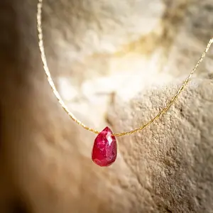 Gold String Choker Necklace with Red Teardrop Pendant Elegant Simple Design