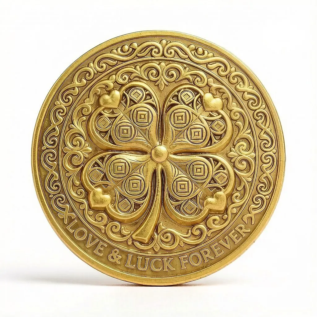 1pc High Relief Clover Lucky Coin, Love and Luck Coin, 3D Embossed Pattern Coin, Unique Collectible Souvenir, Novelty Gift, Lucky Gift, Decor, Ornaments, Amulets