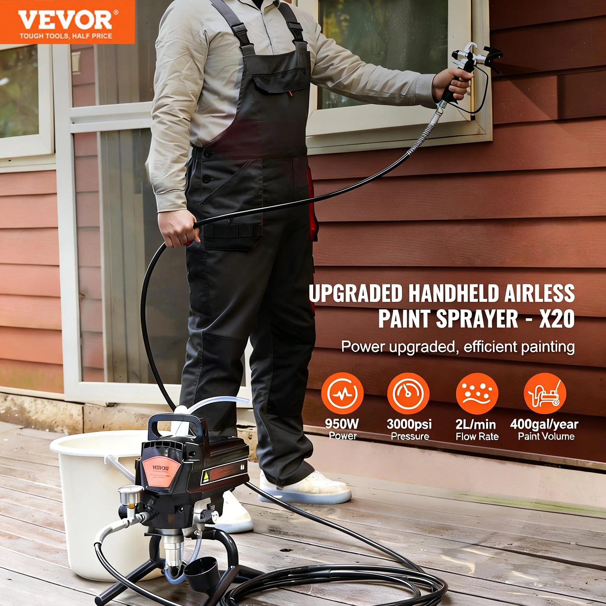 VEVOR 950W Stand Airless Paint Sprayer, 3000PSI High Efficiency Electric Airless Sprayer, Handheld Paint Sprayers for Home Interior and Exterior Furniture and Fences, Fine And Even Painting Effect