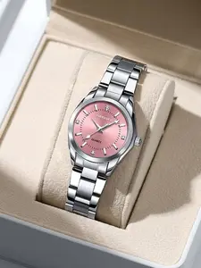 Women's Elegant Round Dial Stainless Steel Strap Waterproof Quartz Watch, Modern Fashionable Wristwatch, Fashion Watch for Party, Daily Decor, Trendy All-match & Exquisite Watch for Birthday Gift with Box