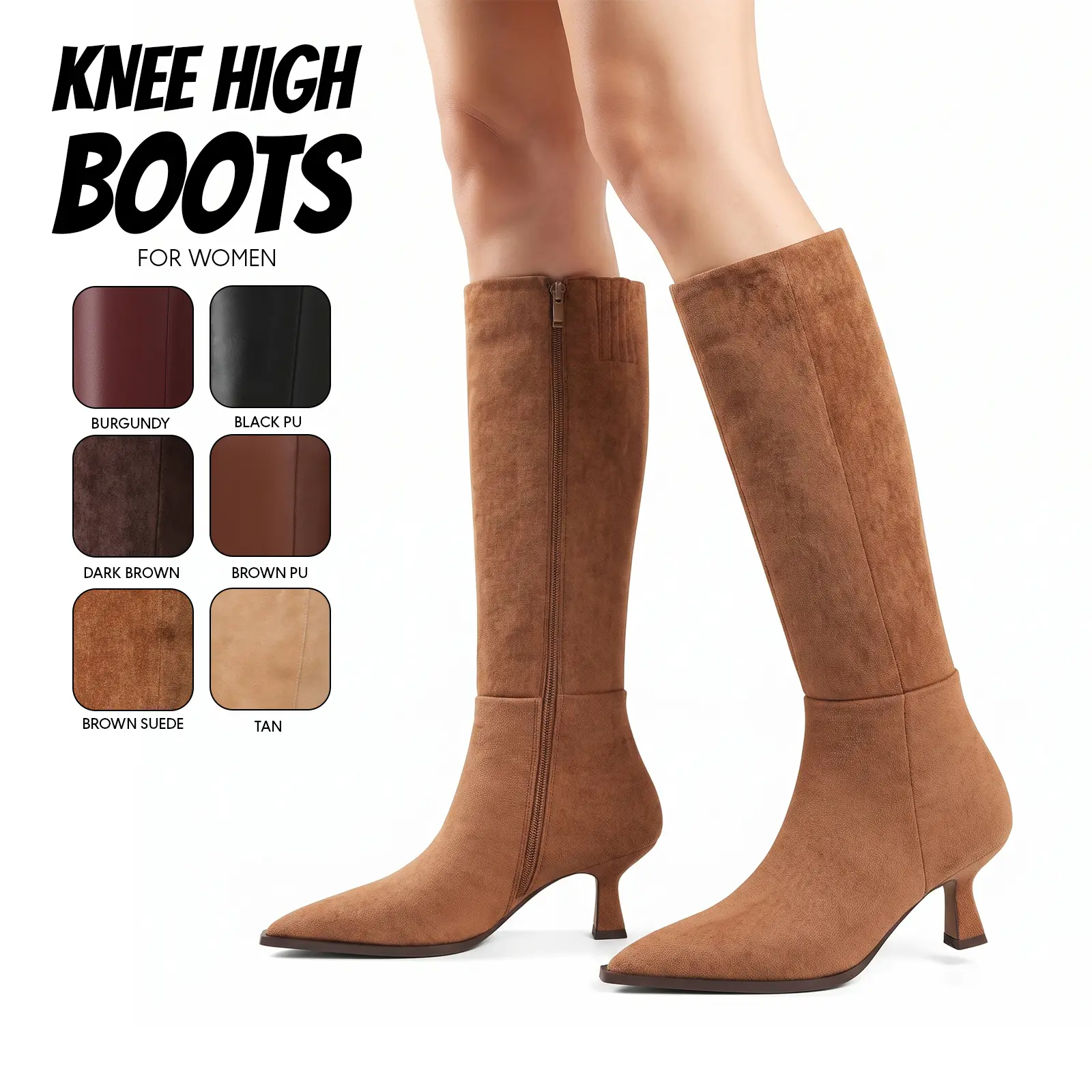 Knee High Boots For Women Pointed Toe Stiletto High Heel Boots Side Zipper Wide Calf Pull On Tall Fashion Boots Dress Shoes Party Wedding Date Night Spring Summer Girl Tall Boots