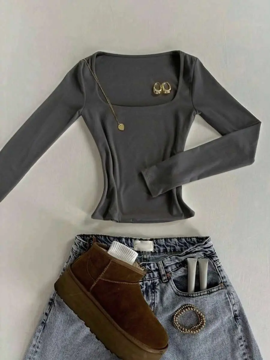 BASICS Chic Dark Grey Square Neck Slim-Fit Long-Sleeve T-Shirt, Everyday Minimalist Fall Winter Top For Women, Gift For Mom Casual Wear