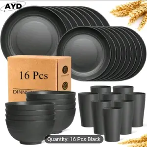 16pcs Kitchen Plastic Wheat Straw Tableware Set, 4/8 People, Plates, Dessert Plates, Cereal Bowls, Cups, Unbreakable Black Plastic Outdoor Camping Tableware, Kitchen Accessories, Black Wheat Straw Tableware, Halloween, Weddings