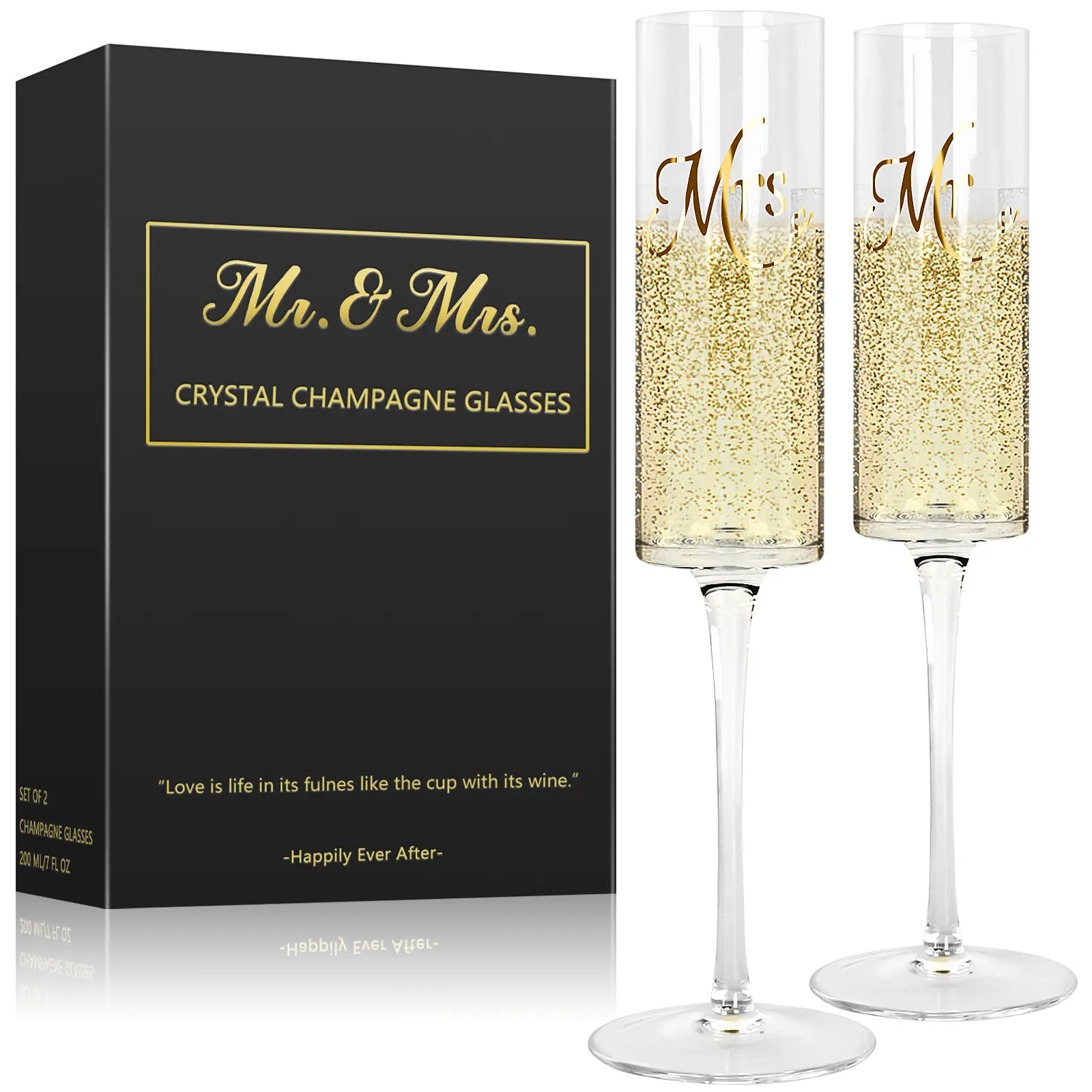 Mr & Mrs 210ml Lead-Free Crystal Champagne Flutes Set - 2-Piece Gift-Ready Pack for Wedding Day Toasting Drinks, Husband and Wife Anniversary Gifts (Home & Festive Party Supplies)